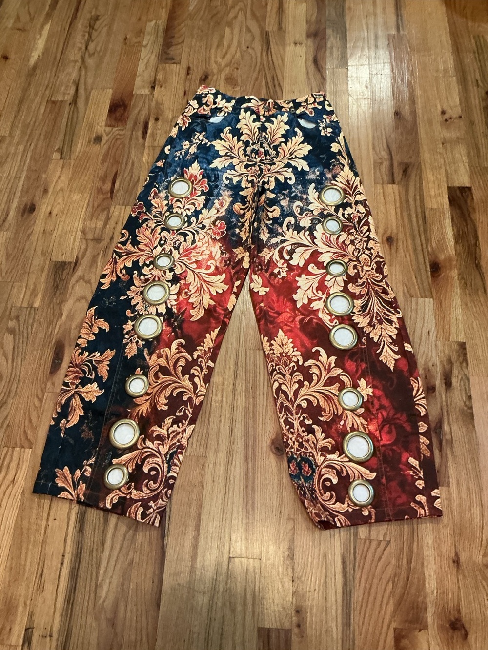 Ornate Baroque Print Wide Leg Grommet Pants - Red, Navy, Gold